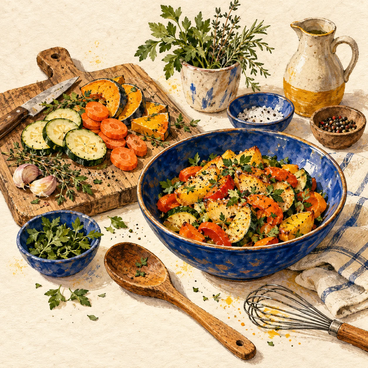 Cooking utensils, vegetables, herbs, and a prepared dish arranged as a textured still life.