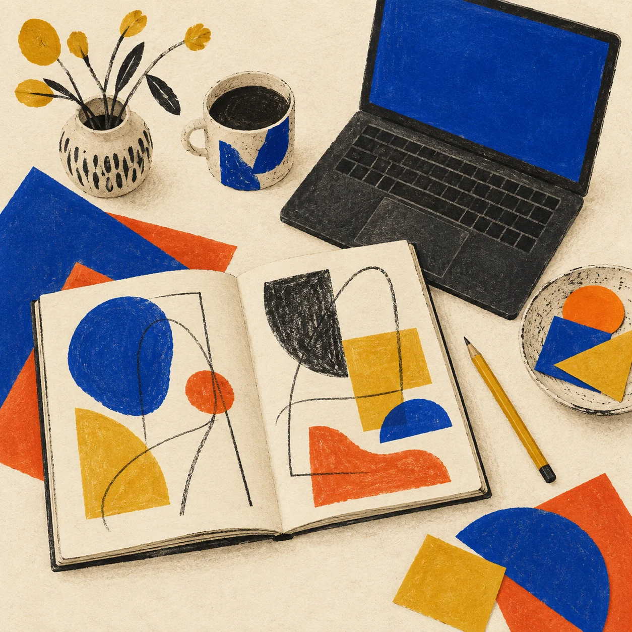 An original illustrated still life of a notebook, pencil, simple laptop, and interlocking paper shapes.