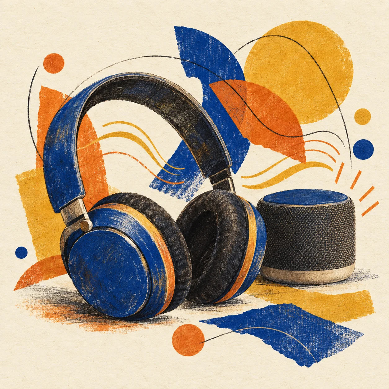 Headphones and abstract rhythm shapes in a textured blue, orange, and mustard still life.