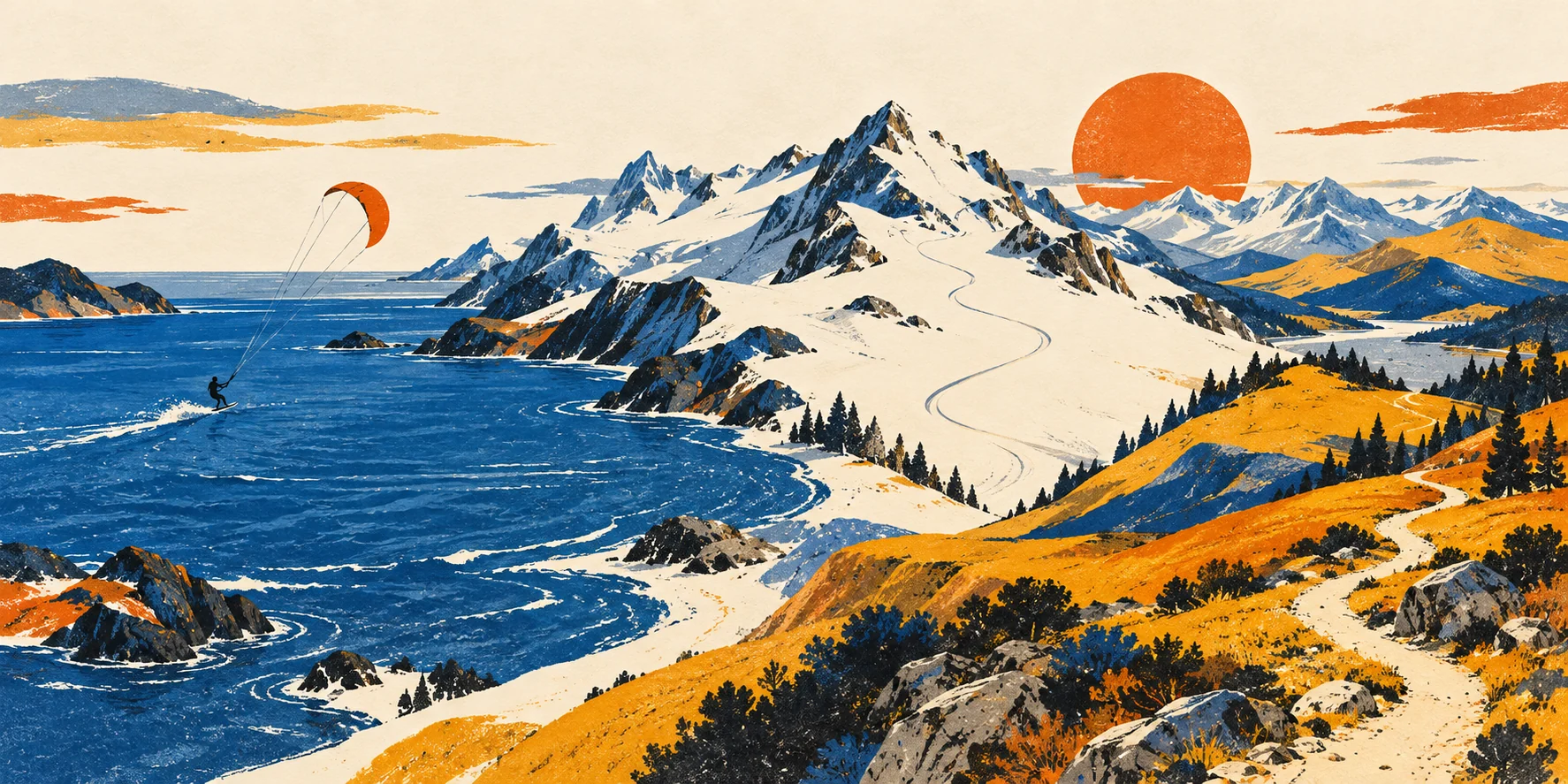 An original illustration of open water and a distant kitesurfer, with mountains and a trail in the same imagined landscape.